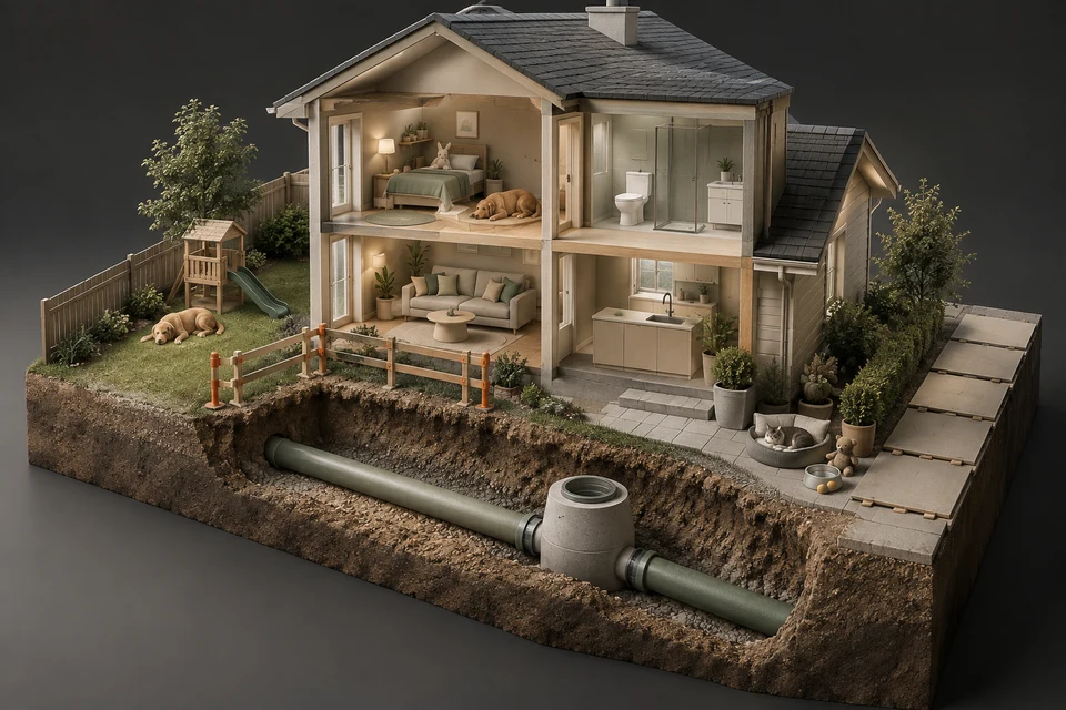 Conceptual illustration of water-use pause · access route · service restored